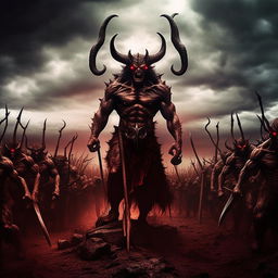 A striking image of a classic devil figure, complete with horns and a pitchfork, leading a fearsome army of demons under an ominous sky