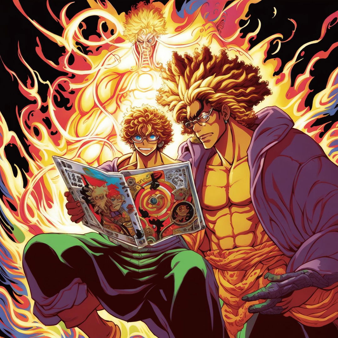 Scrawny One Piece style nerd with blonde curly Afro hair, Jojo's Bizarre Adventure style Jesus-like deity behind him, hand on his shoulder in support, radiating divine power.