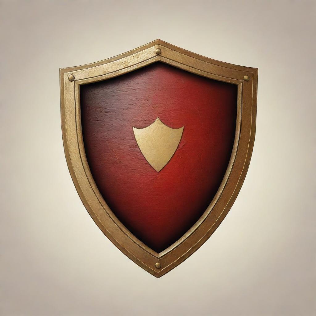 Design a striking logo in the shape of a medieval shield, embellished with gold and red colors. The logo should be presented against a blank, background-less canvas.