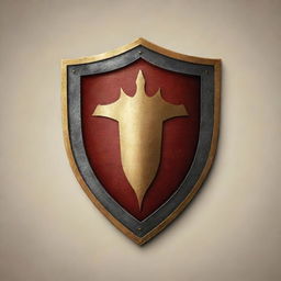 Design a striking logo in the shape of a medieval shield, embellished with gold and red colors. The logo should be presented against a blank, background-less canvas.