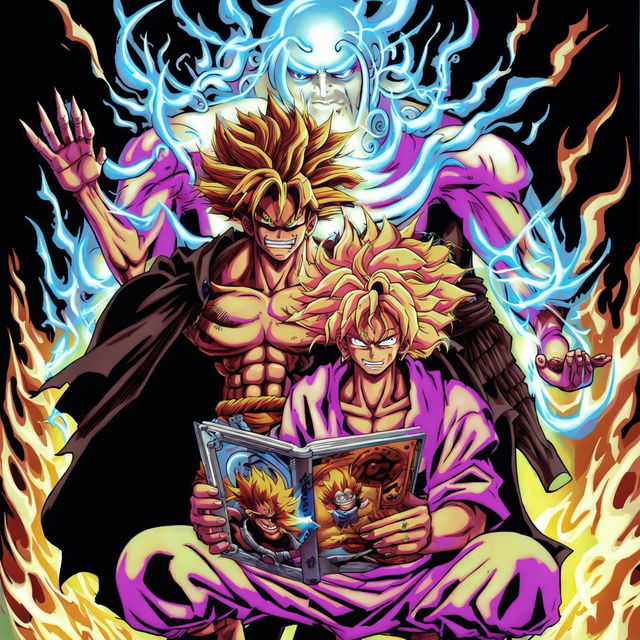 Scrawny One Piece style nerd with blonde curly Afro hair and clothing, Jojo's Bizarre Adventure style Jesus-like deity behind him, hand on his shoulder in support, surrounded by Dragon Ball Z style blue flames. Nerd has the power of god and anime.