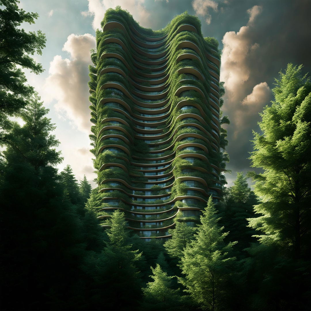 A tree-inspired skyscraper stands tall amidst a forest, its design a harmonious blend of nature and architecture.