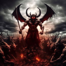 A striking image of a classic devil figure, complete with horns and a pitchfork, leading a fearsome army of demons under an ominous sky