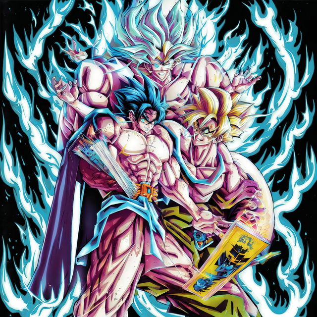 90s style scrawny nerd with Jojo's Bizarre Adventure style Jesus-like deity behind him, hand on his shoulder in support, surrounded by Dragon Ball Z style blue flames. Nerd has the power of god and anime.