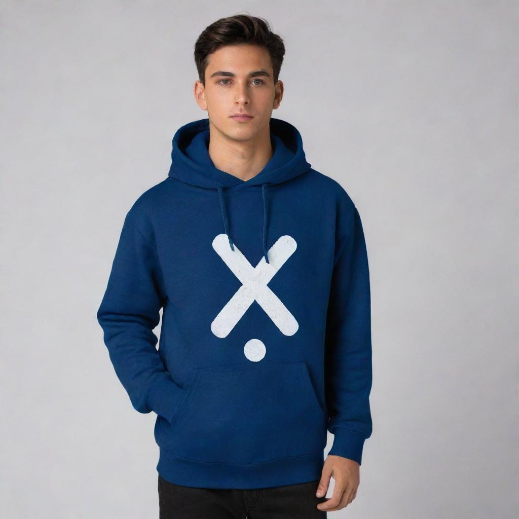 A navy blue hoodie with a white shade on hands. The hoodie features a unique design on the back, depicting the XX chromosomes, making it a perfect accessory for a scientist.