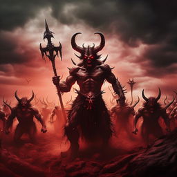 A striking image of a classic devil figure, complete with horns and a pitchfork, leading a fearsome army of demons under an ominous sky