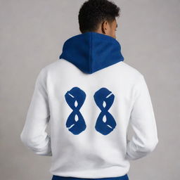 A navy blue hoodie with a white shade on hands. The hoodie features a unique design on the back, depicting the XX chromosomes, making it a perfect accessory for a scientist.