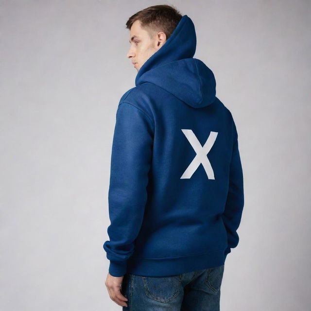 A navy blue hoodie with a white shade on hands. The hoodie features a unique design on the back, depicting the XX chromosomes, making it a perfect accessory for a scientist.