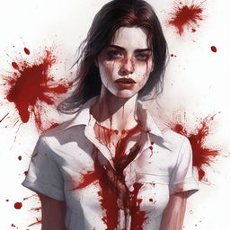 A high-quality, detailed illustration depicts a woman in a soaked white shirt, stained with vibrant red blood