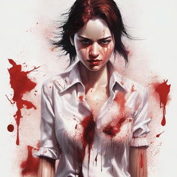 A high-quality, detailed illustration depicts a woman in a soaked white shirt, stained with vibrant red blood