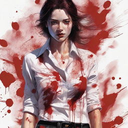 A high-quality, detailed illustration depicts a woman in a soaked white shirt, stained with vibrant red blood