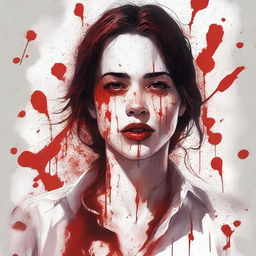 A high-quality, detailed illustration depicts a woman in a soaked white shirt, stained with vibrant red blood