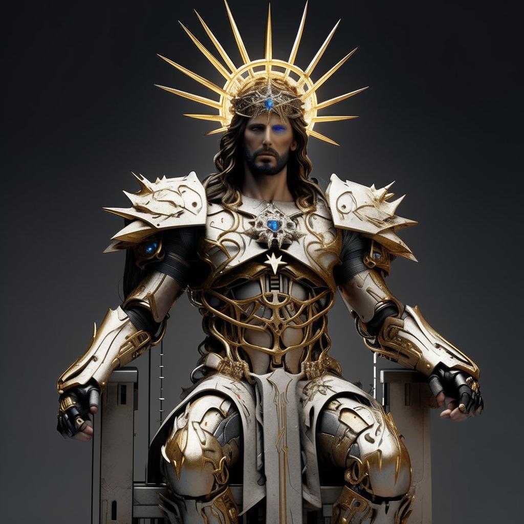 Jesus, the ultimate princely figure in a flamboyantly styled mecha exoskeleton, on a stylish, futuristic cross. His crown of thorns adds to his majestic aura and monumental badass presence.