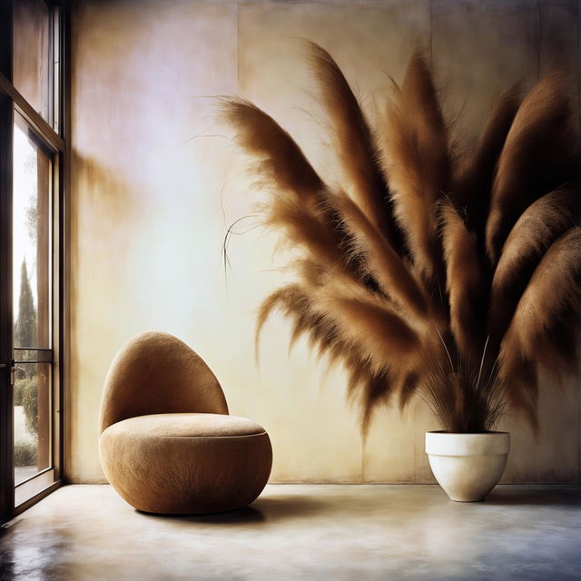 A Venetian plaster room with polished concrete floor featuring a beautiful chair and pampas grass in a pot plant.