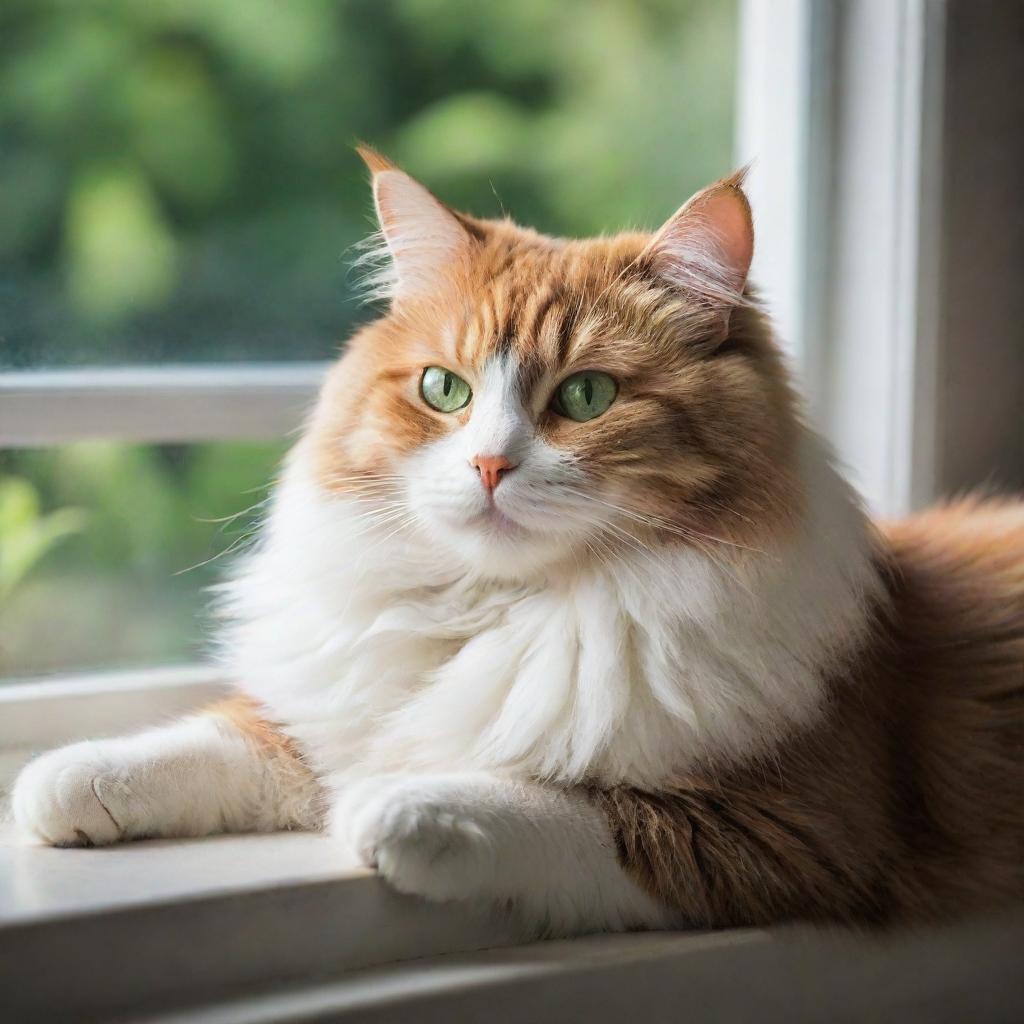 A fluffy cat with vibrant green eyes, lounging lazily on a warm sunlit window sill.