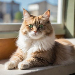 A fluffy cat with vibrant green eyes, lounging lazily on a warm sunlit window sill.