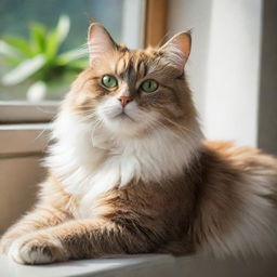 A fluffy cat with vibrant green eyes, lounging lazily on a warm sunlit window sill.