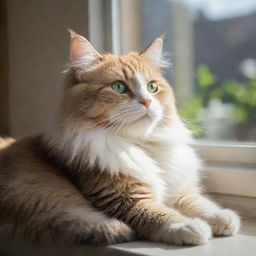 A fluffy cat with vibrant green eyes, lounging lazily on a warm sunlit window sill.