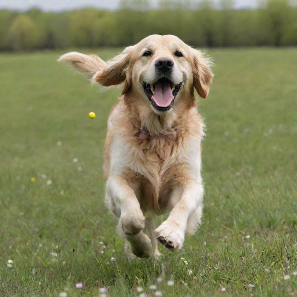 A cheerful golden retriever playing fetch in a blossoming spring meadow.