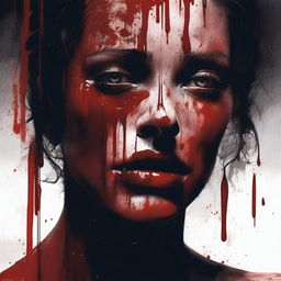 This is a detailed digital illustration featuring a woman covered in blood