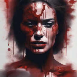 This is a detailed digital illustration featuring a woman covered in blood