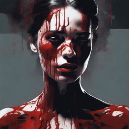 This is a detailed digital illustration featuring a woman covered in blood