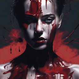 This is a detailed digital illustration featuring a woman covered in blood