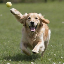 A cheerful golden retriever playing fetch in a blossoming spring meadow.