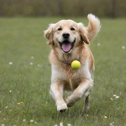 A cheerful golden retriever playing fetch in a blossoming spring meadow.