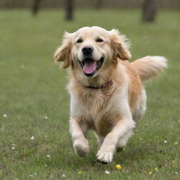 A cheerful golden retriever playing fetch in a blossoming spring meadow.