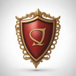 A red shield symbol with winding golden script, set against a white background.