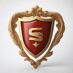 A red shield symbol with winding golden script, set against a white background.