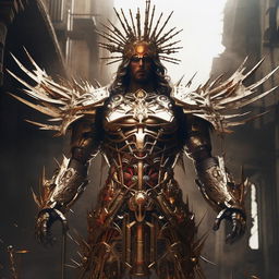 Jesus, the ultimate princely figure in a flamboyantly styled mecha exoskeleton, on a stylish, futuristic cross. His crown of thorns adds to his majestic aura and monumental badass presence.