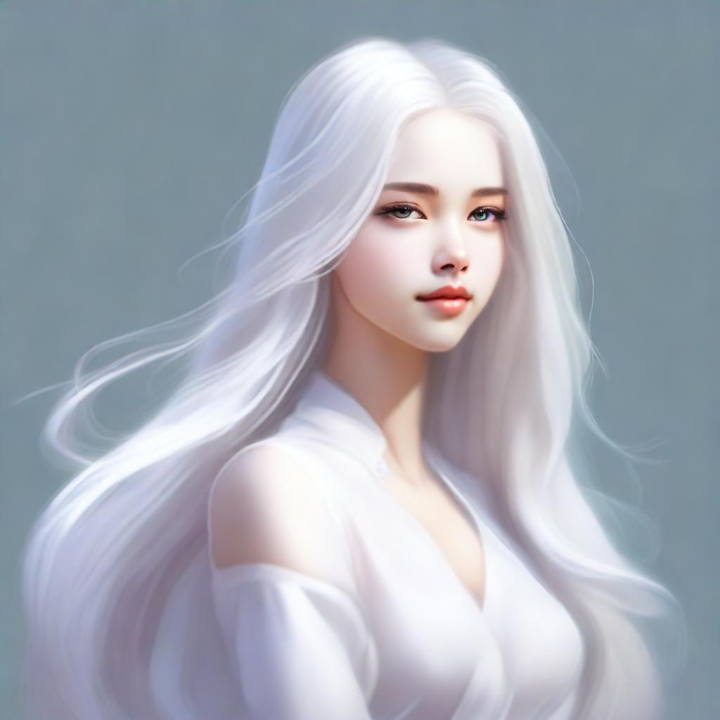 A digital art representation of a young girl with flowing white hair