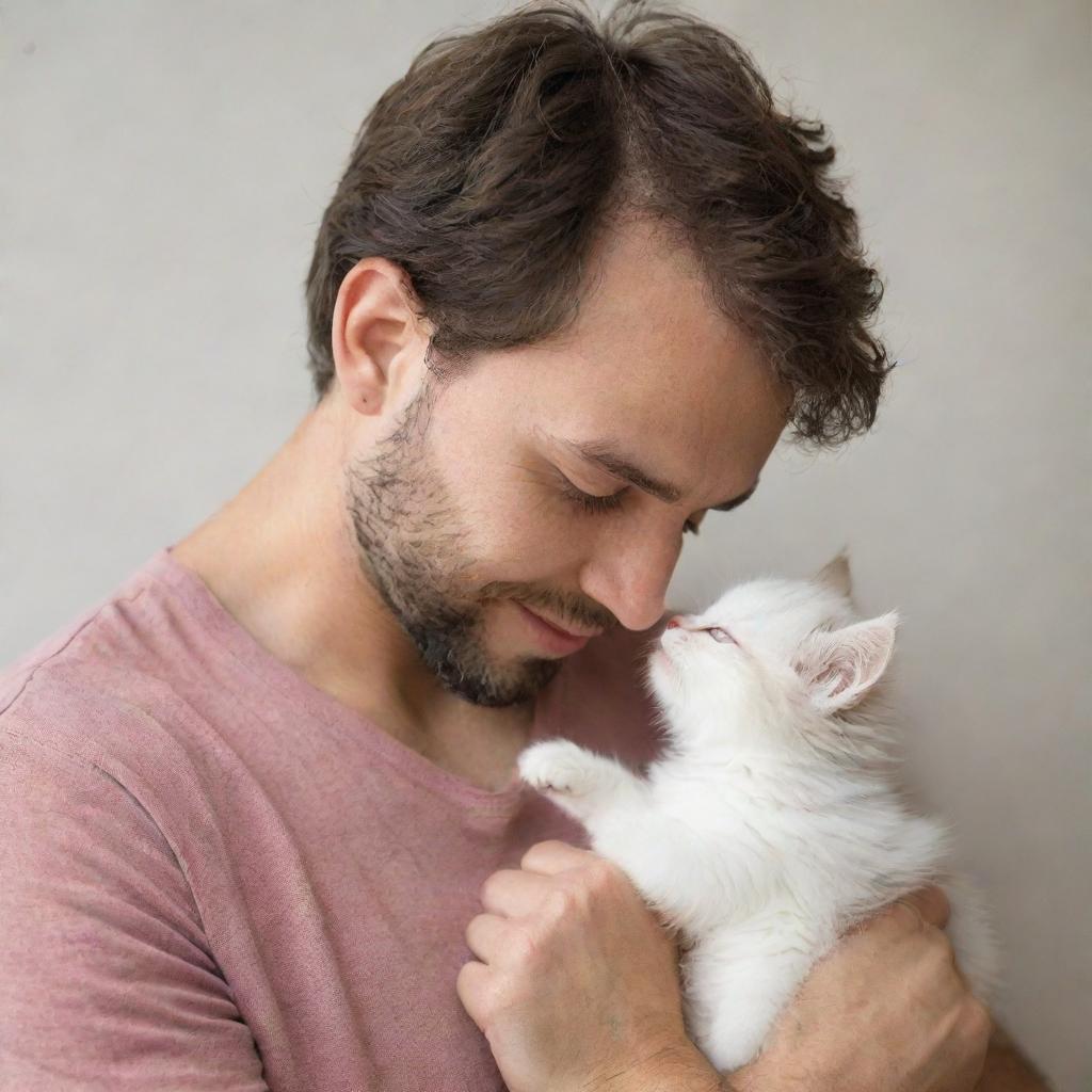 Man tenderly bending down to kiss a small fluffy kitten, eyes closed in affection.