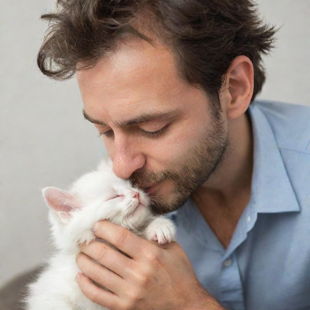 Man tenderly bending down to kiss a small fluffy kitten, eyes closed in affection.