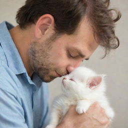 Man tenderly bending down to kiss a small fluffy kitten, eyes closed in affection.