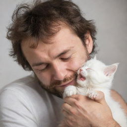 Man tenderly bending down to kiss a small fluffy kitten, eyes closed in affection.