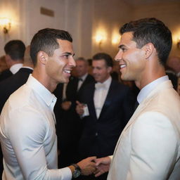 Lively scene at a charity event with Cristiano Ronaldo, the acclaimed footballer, smiling and engaging in a friendly conversation with Alexis Texas, in a non-suggestive setting.