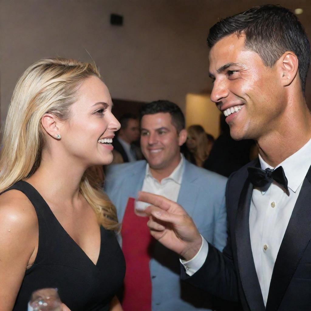 Lively scene at a charity event with Cristiano Ronaldo, the acclaimed footballer, smiling and engaging in a friendly conversation with Alexis Texas, in a non-suggestive setting.