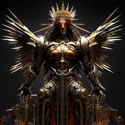 Jesus, the ultimate princely figure in a flamboyantly styled mecha exoskeleton, on a stylish, futuristic cross. His crown of thorns adds to his majestic aura and monumental badass presence.