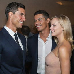 Lively scene at a charity event with Cristiano Ronaldo, the acclaimed footballer, smiling and engaging in a friendly conversation with Alexis Texas, in a non-suggestive setting.