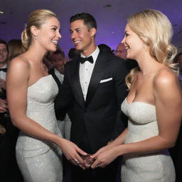 Lively scene at a charity event with Cristiano Ronaldo, the acclaimed footballer, smiling and engaging in a friendly conversation with Alexis Texas, in a non-suggestive setting.