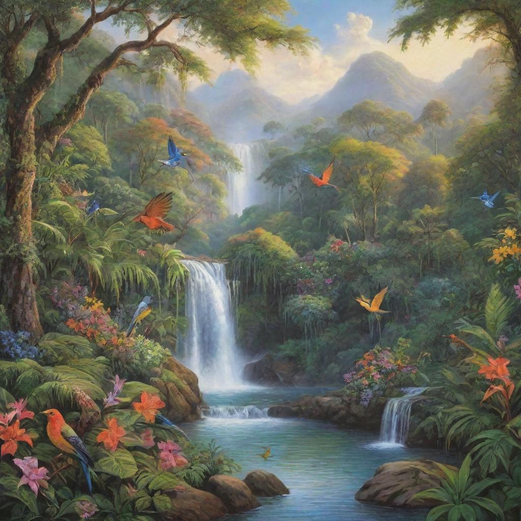 A breathtaking vista depicting paradise with lush, vibrant gardens, sparkling waterfalls, towering trees with colorful birds, and peaceful wildlife basking in the glow of a perfect, serene morning.