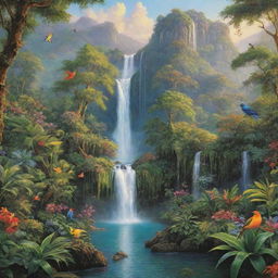 A breathtaking vista depicting paradise with lush, vibrant gardens, sparkling waterfalls, towering trees with colorful birds, and peaceful wildlife basking in the glow of a perfect, serene morning.