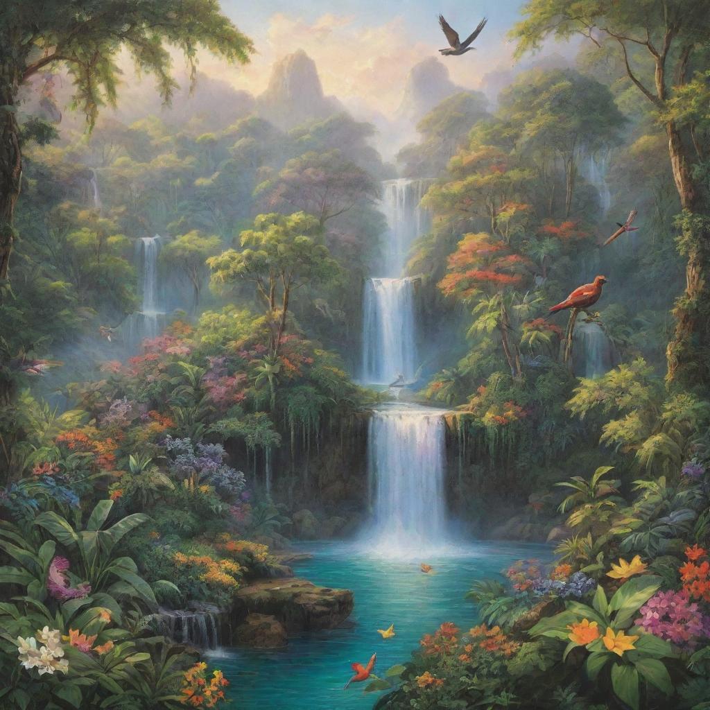 A breathtaking vista depicting paradise with lush, vibrant gardens, sparkling waterfalls, towering trees with colorful birds, and peaceful wildlife basking in the glow of a perfect, serene morning.