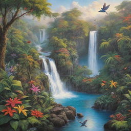 A breathtaking vista depicting paradise with lush, vibrant gardens, sparkling waterfalls, towering trees with colorful birds, and peaceful wildlife basking in the glow of a perfect, serene morning.