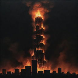 A dark and ominous depiction of a fiery inferno, with towering flames reaching terrifying heights amidst an inky black sky.