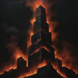 A dark and ominous depiction of a fiery inferno, with towering flames reaching terrifying heights amidst an inky black sky.