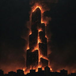 A dark and ominous depiction of a fiery inferno, with towering flames reaching terrifying heights amidst an inky black sky.